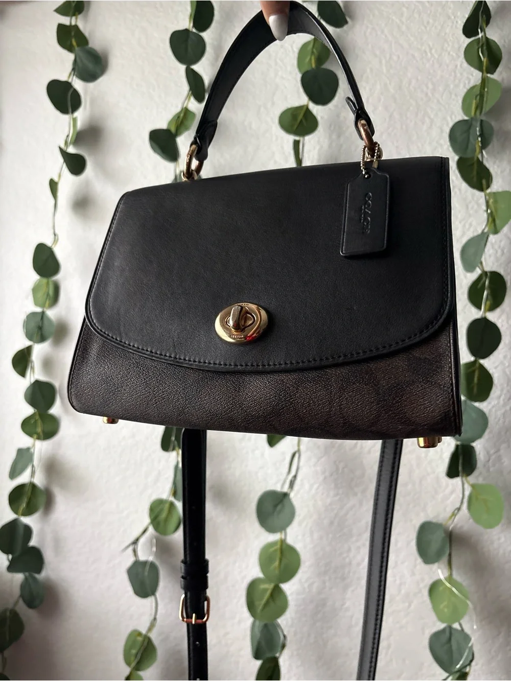 Coach Black Leather & Brown Signature Turnlock Satchel